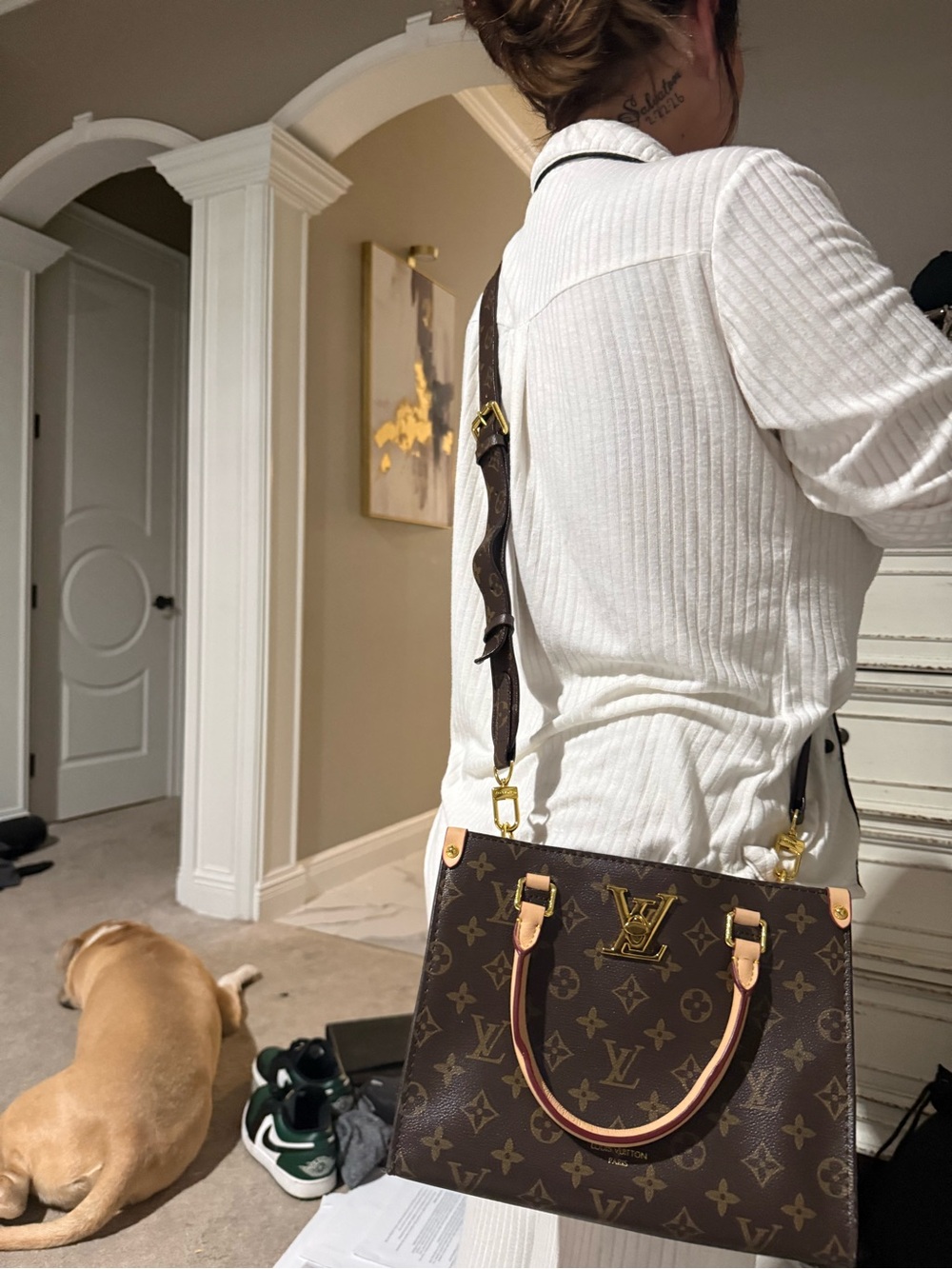 LV Monogram Canvas Tote with Red Trim and Gold Hardware - Picture 9 of 11